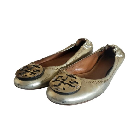 Tory Burch Minnie Spark Gold Metallic Leather Travel Ballet Flats Shoe Size 5M - Picture 1 of 10